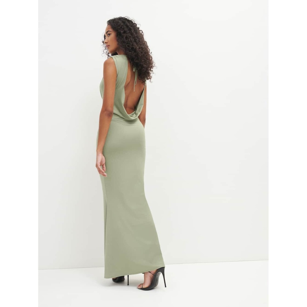 Reformation Seona Maxi Dress Size Large Sage‎ Green Open Back Cowl Neck Knit
